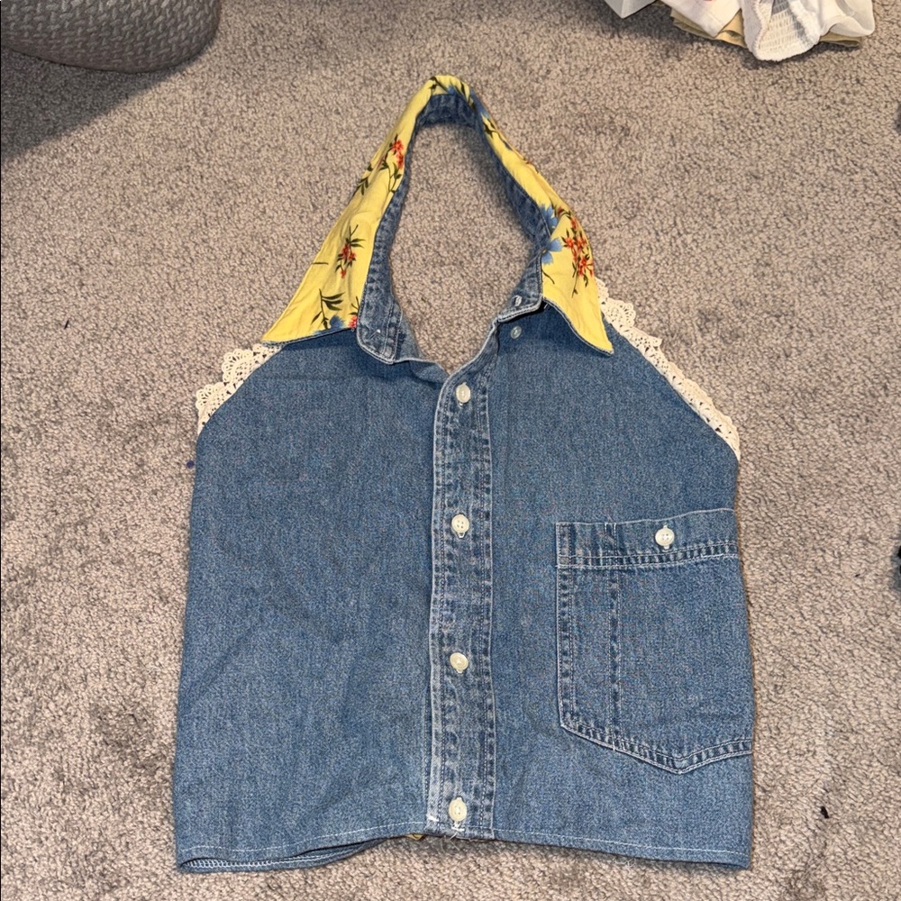 FUrst of a Kind Denim Halter Crop Top with Yellow Floral Trim xs
